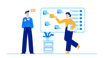 Two people in a discussion in front of a whiteboard, suitable for presentations, brainstorming ideas, teamwork, collaboration concepts.