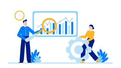 Two people examining a bar chart with magnifying glass and gear, ideal for financial analysis or business strategy concepts.