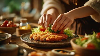 Female Hands Carefully Arranging Chicken Katsu on Ceramic Plate in Japanese Kitchen Setting