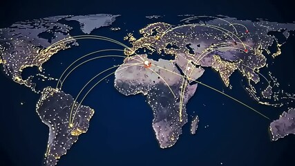 Global connectivity map showcasing illuminated cities and flight paths across continents at night