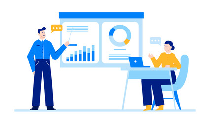 Man presenting to woman in office setting. Suitable for business, teamwork, communication, meeting, presentation concept designs, and corporate presentations.