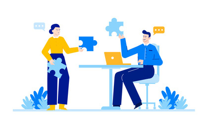 Two people holding puzzle pieces, engaged in conversation. Ideal for teamwork, collaboration, problem solving concepts in business, education, or therapy.