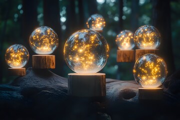 Enchanting orbs of light in a magical forest glowing with golden particles and illuminating a mystical scene.