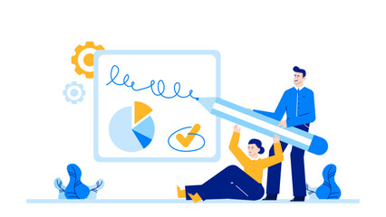 Two people holding a giant blue pencil next to a whiteboard with a pie chart. Suitable for educational presentations and websites.