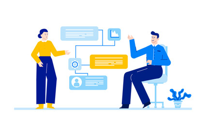 Two people discussing a diagram, suitable for business presentations, educational materials, teamwork concepts, communication skills, and planning discussions.