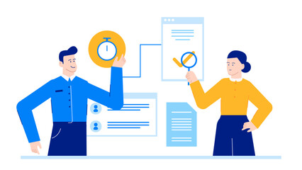 Two professionals with paperwork and icons, ideal for business presentations, office websites, HR materials, corporate communications, and educational content.