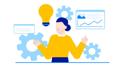 A concept of innovation and ideas Woman holds a lightbulb surrounded by gears. Suitable for technology or creative business themes.