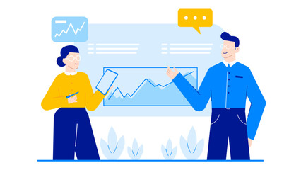 Two people discussing upward trend graph. Suitable for business presentations, financial articles, teamwork concepts, corporate communication displays.