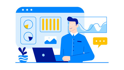 Man using a laptop in front of charts and graphs, ideal for business presentations, financial reports, data analysis, technology concepts.