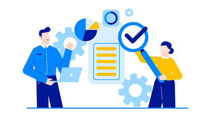 Two people working on laptop while using magnifying glass. Suitable for technology or research concepts in business or education projects.