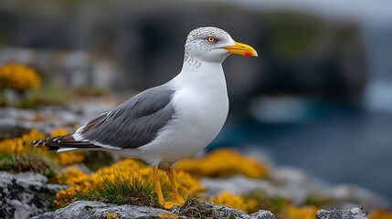 Fototapeta premium Seagull standing majestically on rocky outcrop with bright yellow flowers in a coastal environment