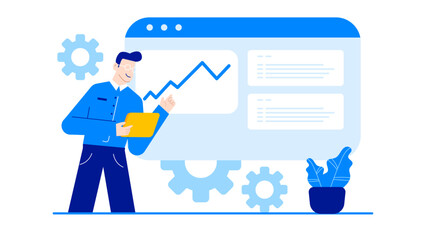 Man presenting graph on browser, suitable for web analytics, data reporting, online presentations, digital marketing concepts. Viewer can learn engagement metrics.