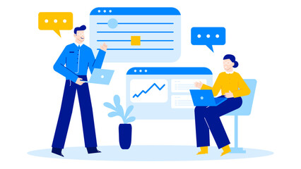 Two people with laptops engaged in a discussion. Suitable for business, teamwork, technology, meeting concepts in presentations or websites.