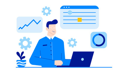 Man working on a laptop, suitable for technology, business, remote work concepts in design projects, presentations, articles, websites, and ads.