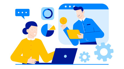 Woman using a laptop for online video call with a man. Suitable for technology, remote communication, virtual meetings, and internet concepts.