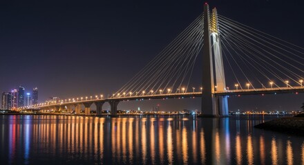 Fototapeta premium Zayed Bridge Night Lightscape - Modern architecture, urban scene, bridge reflection, city lights, nighttime beauty. Symbolizing progress, connection, urban development, reflection, and illumination