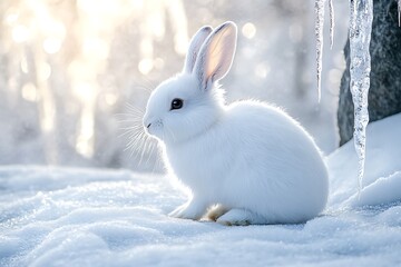 A white rabbit sitting on snow covered ground with icicles hanging in the background on a winter day