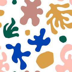 Abstract patterns matisse cut out of paper colored blue yellow pink green bright on a white background. In the style of boho minimalism doodle uneven lines elements for design, plants, algae, botany. 