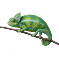 Obraz premium A vibrant green chameleon with yellow spots perches gracefully on a slender branch against a crisp white backdrop, showcasing its unique camouflage abilities beautifully.