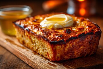 Deliciously Baked Cornbread Topped with Butter and Honey on a Rustic Wooden Table with Warm Ambient Lighting