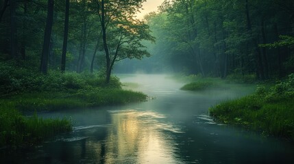 Fototapeta premium Mystical river weaves through a verdant forest at dawn, a serene escape