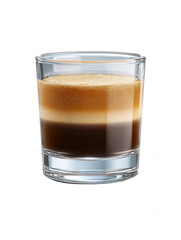 A layered coffee shot in a clear glass showcases dark espresso, coffee liqueur, and creamy foam, a delightful treat perfect for a caffeinated boost.