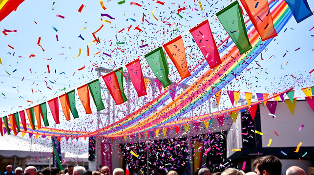 Rainbow confetti bursts from vibrant banners, celebratory atmosphere , event, fete, jamboree