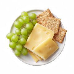 Overhead shot shows appetizing snack including sliced swiss cheese, bunch of green grapes, and several square crackers on a round plate with a white background.