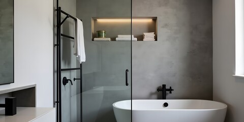 Urban minimalist bathroom with polished concrete, corner shower, and matte black fixtures, lit by recessed lights, offering a sleek and practical space.