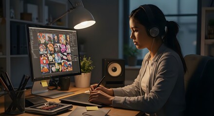 Woman Drawing Digital Art at Desk with Graphics Tablet and Headphones