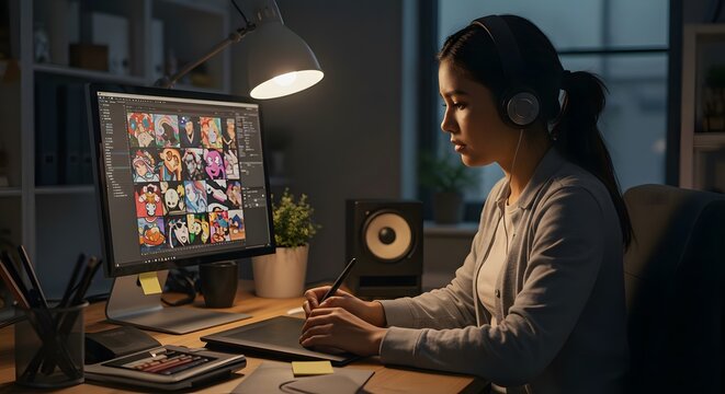 Woman Drawing Digital Art at Desk with Graphics Tablet and Headphones