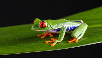 Naklejka premium Red-Eyed Tree Frog on Leaf – Agalychnis Callidryas with Black Background Close-Up