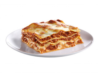 Delicious lasagna with rich meat sauce and melted cheese is beautifully plated on a white dish and isolated against a clean white background, inviting a hearty meal.
