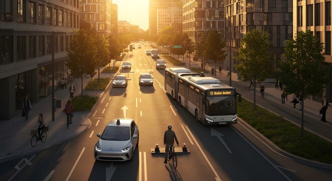 City Street with Bus Car and Cyclist at Sunset