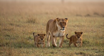 Fototapeta premium Lioness and Cubs in the African Savanna at Dawn