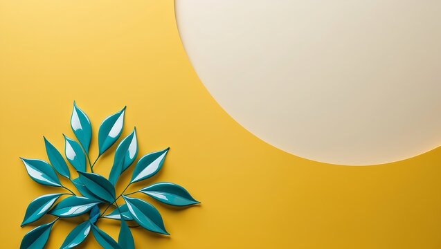 Glossy teal leaves on bright yellow background with minimalistic abstract aesthetic