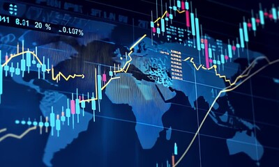 A digital map of the world with glowing stock market candlestick charts on it, highlighting global financial and economic trends, in an abstract style. The background is dark blue to emphasize visual - Powered by Adobe