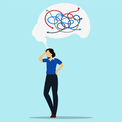 Tired businesswoman with confusion struggle. Confusion about many possible solutions and mental pressure.