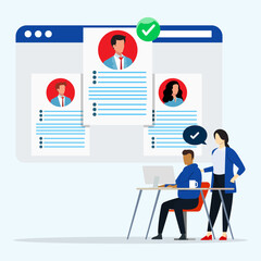 Human resources team meeting and discussing to evaluation curriuculum vitae candidates on screen. Job recruitment process and analyzing potential skills. Selection new employee concept. 