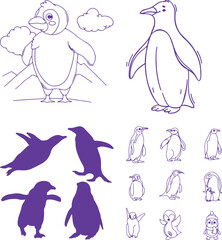 set of penguins on white background