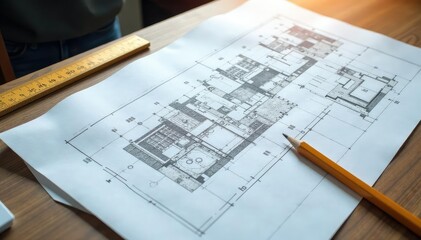 Architect blueprints spread on a wooden table, pencils and scale nearby , architectural drawing, construction