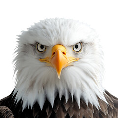 Obraz premium Realistic front view of a bald eagle isolated on white background, detailed close-up of majestic bird of prey with sharp eyes and powerful beak, symbol of strength and freedom