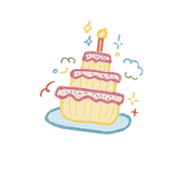 Cute Crayon Style Birthday Cake Illustration with Candle and Confetti