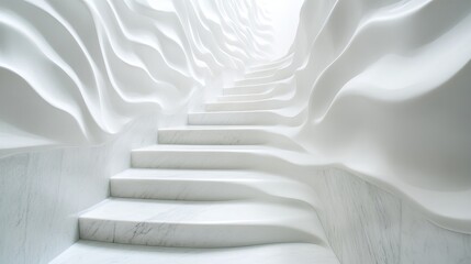 Ascending white marble stairs sculpted with wave-like walls lead toward bright light above. Smooth, ethereal