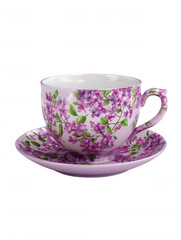 Delicate lavender teacup and saucer adorned with painted lilac blossoms, showcasing a vintage aesthetic against a clean white background for elegant presentation.