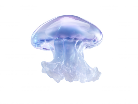A translucent jellyfish floats gracefully in the clear ocean waters with its flowing tentacles and vibrant blue and purple colors, shimme in the sunlight.