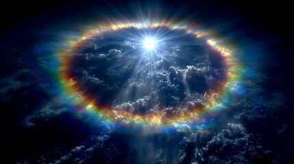 Obraz premium Spectacular aerial view of a rainbow halo encircling a bright sun over a sea of clouds