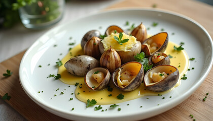 Serving Cooked Escargots with Butter Sauce and Parsley Garnish