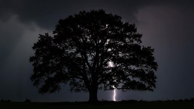 Silhouette of a tree against stormy sky with lightning strike  