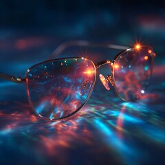 Retro Glasses with Light Reflections on Blue Background